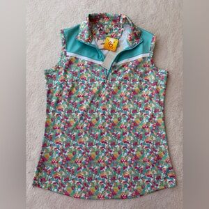 BNWT Bermuda Sands Colorful Floral Sleeveless Zip-u Golf Polo Shirt